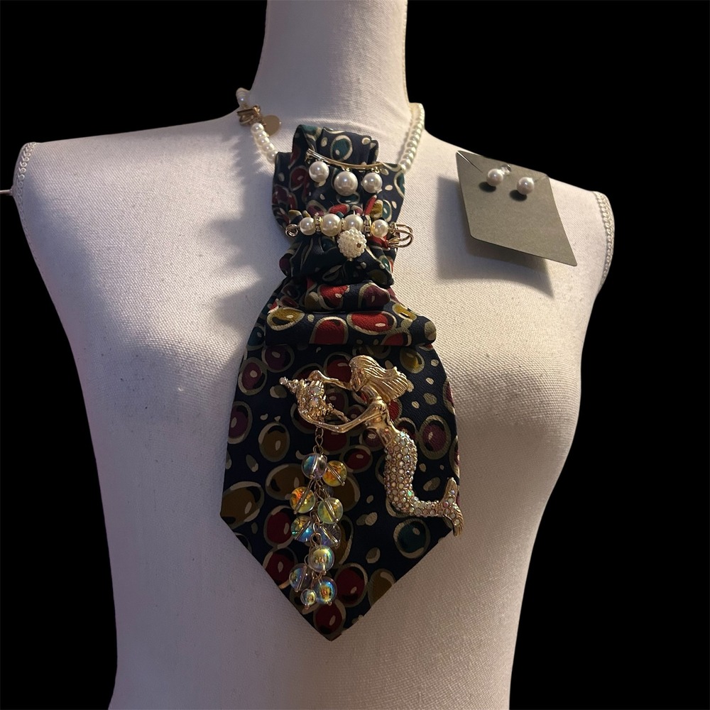 Vintage Italian Silk Mermaid Tie Necklace Set Pearl Embellished Maximalist Core - Picture 6 of 9